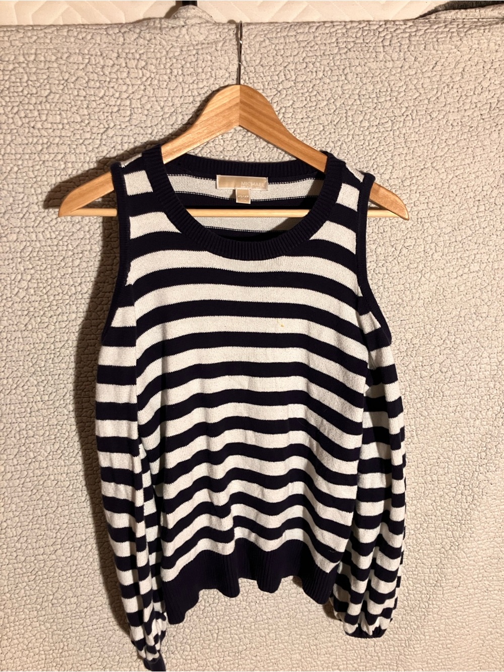 MICHAEL Michael Kors Navy and White Striped Cold-Shoulder Crewneck Sweater